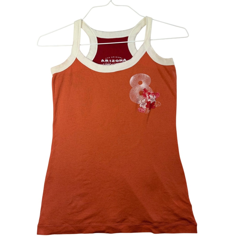 Arizona Jean Company Womens Racerback Tank Top Orange Floral Graphic Size L
